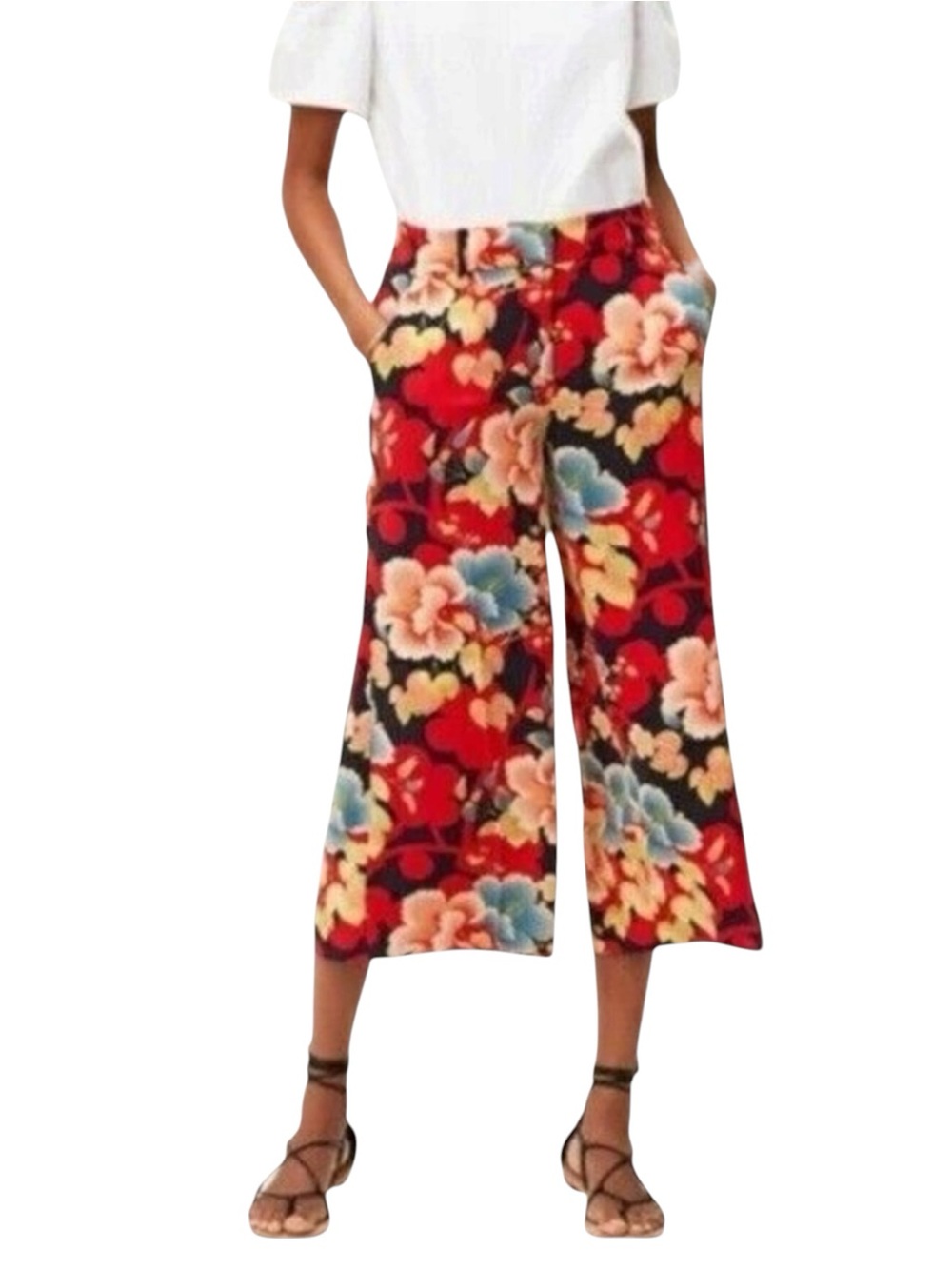 LOFT Floral Wide-Leg Culottes Pants in Navy Base/Red/Pinks/Blues Size 10